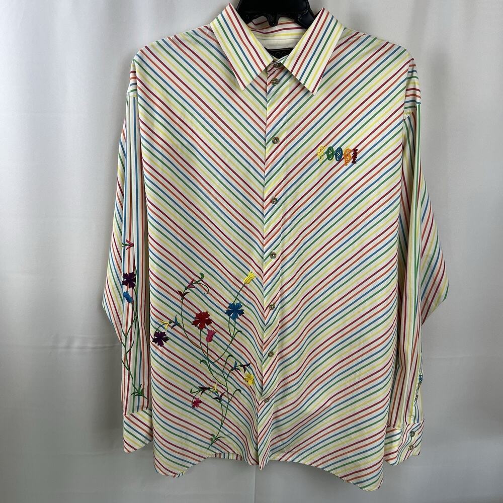 Coogi Men's Floral Colorful Striped Long Sleeve Shirt Size XXXL Vintage Y2K